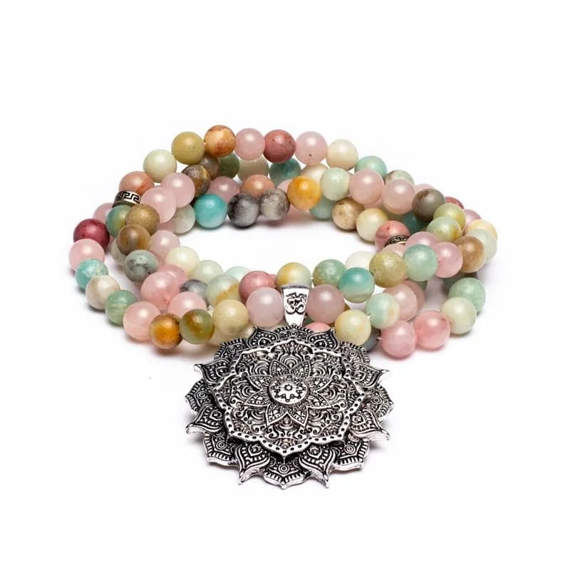 Mala Kette mit Rosenquarz, Amazonit & Rhodonit mit Lotus Anhänger